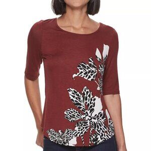 Apt 9 Elbow Sleeve Tee Womens Petite Medium Brown White New Floral Print